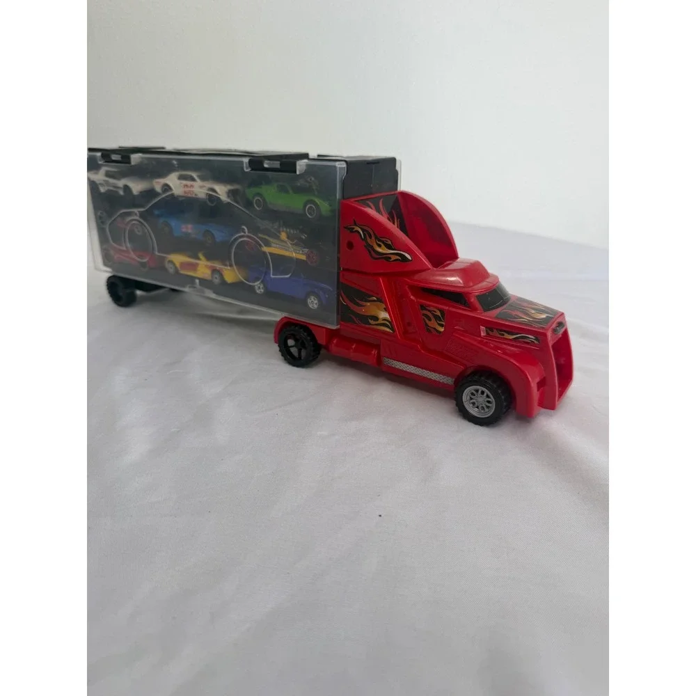 Toy Car Carrier Truck with 18 Diecast Cars Red Transport Semi Storage Case